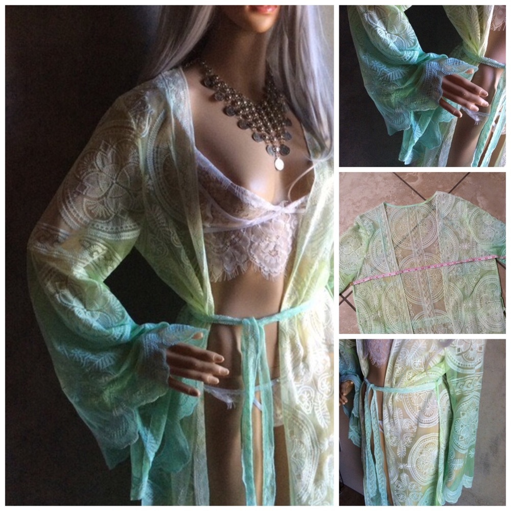 🌸 KIMONO ROBE CARDIGAN BELL SLEEVE OMBRE GREEN GYPSY BOHO CHIC BOHEMIAN FLARE - Picture 6 of 8